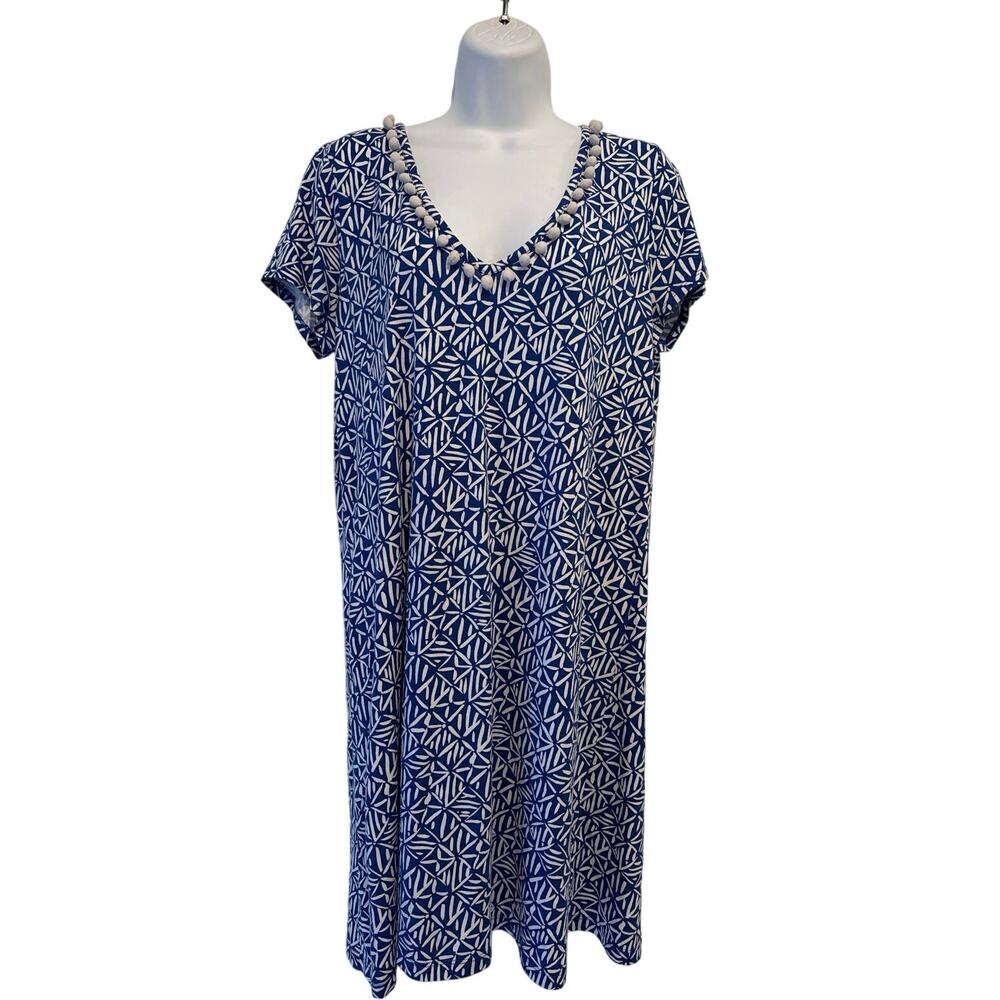 Lilly Pulitzer Etta Print Shift Dress Blue and White Pom Poms Coastal L EUC
 EUC